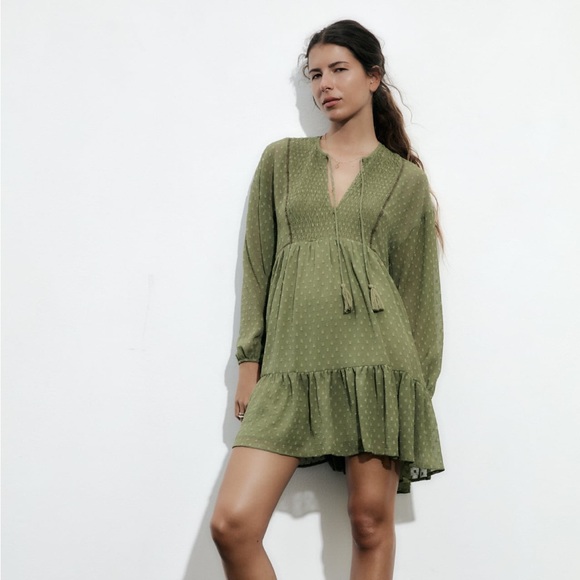 ZARA Summer Boho Dotted Mesh Mini Olive Dress BRAND NEW WITH TAG, SIZE L - Picture 2 of 4